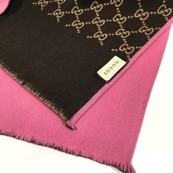GUCCI Guccissima Wool / Silk Scarf -Brown / Pink Double Side -NWT - Picture 5 of 9